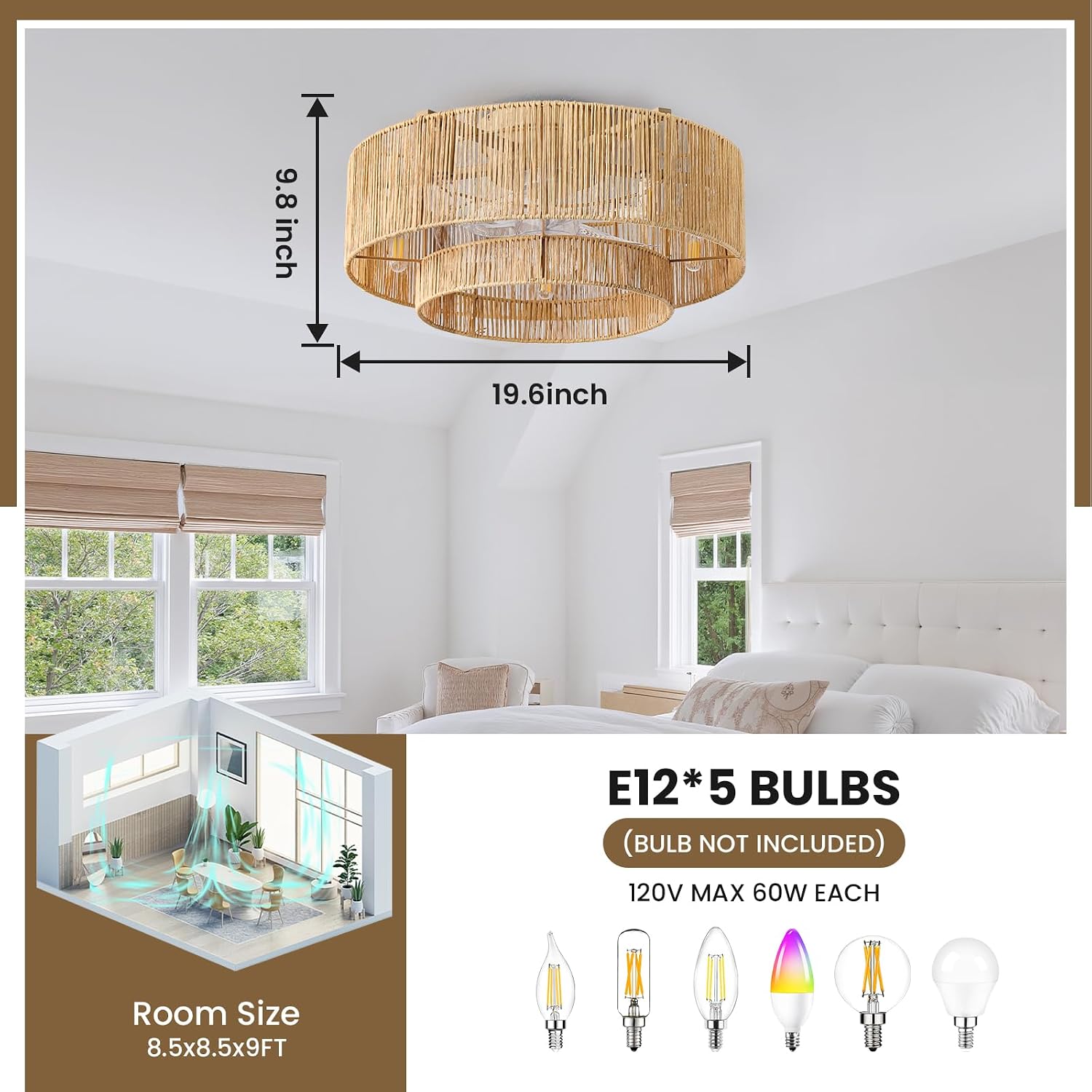 RUIYEY Boho Ceiling Fan with Light: 20 inch Low Profile Ceiling Fans with Remote Control, 5 Blades 6 Speeds DC Reversible E12 5 Light Flush Mount Rattan Ceiling Light Fixtures for Bedroom Kitchen