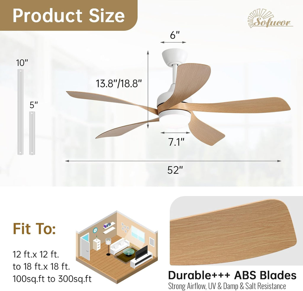 Sofucor 52 Inch Ceiling Fan with Light, Modern Ceiling Fan with Dimmable Memory LED - Quiet DC Motor, 6 Speeds 5000CFM, Timer, Reversible, for Living Room Bedroom, ETL, 5 Plastic+ABS Blades, Log Color
