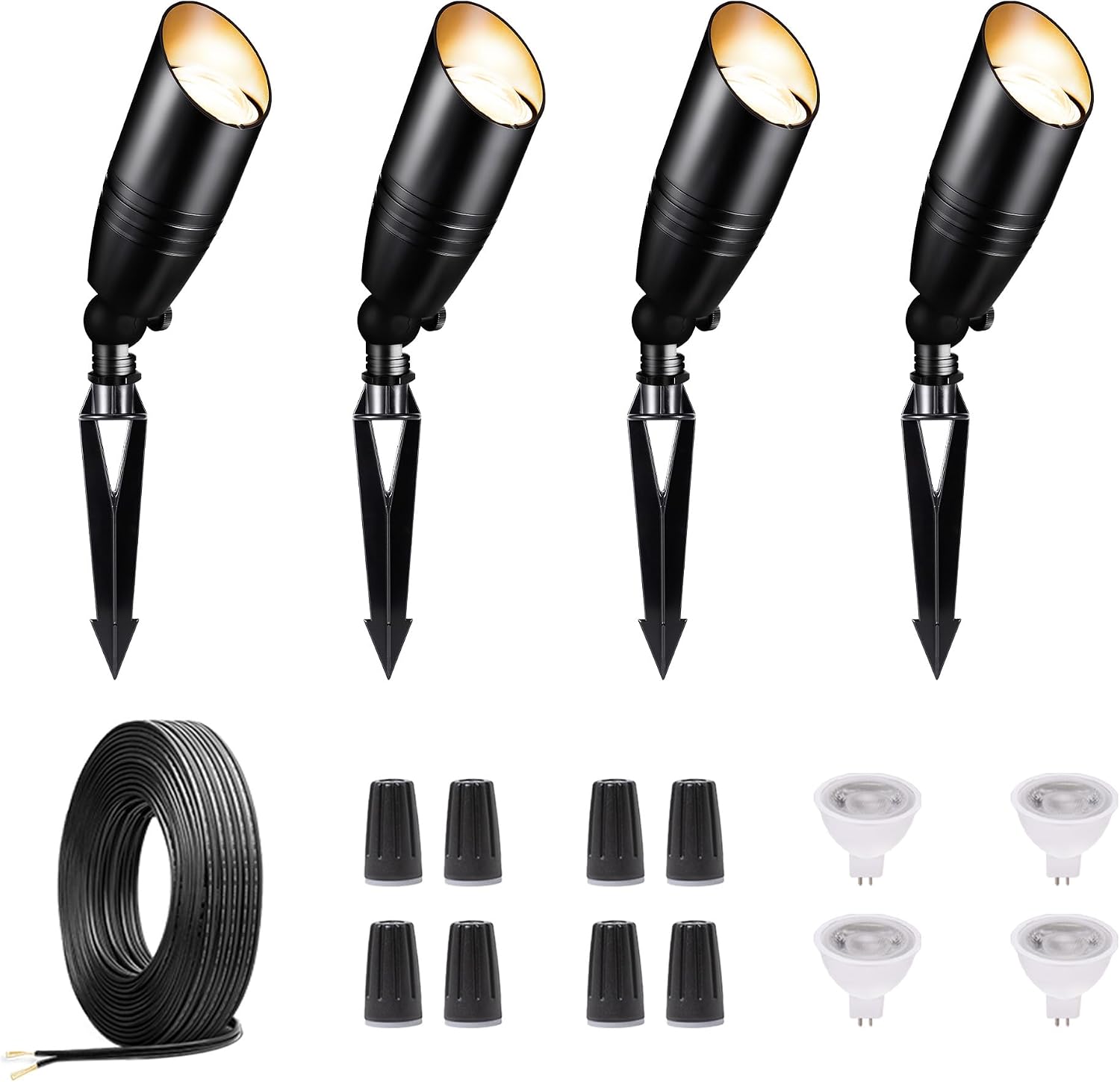 Black 12V Landscape Spotlight Kit, 4 Pack LED Low Voltage Outdoor Light and 100FT Cable and 20 Wire Connectors, Aluminum Uplight for Plant Fence Yard Outside Decoration, Without Transformer
