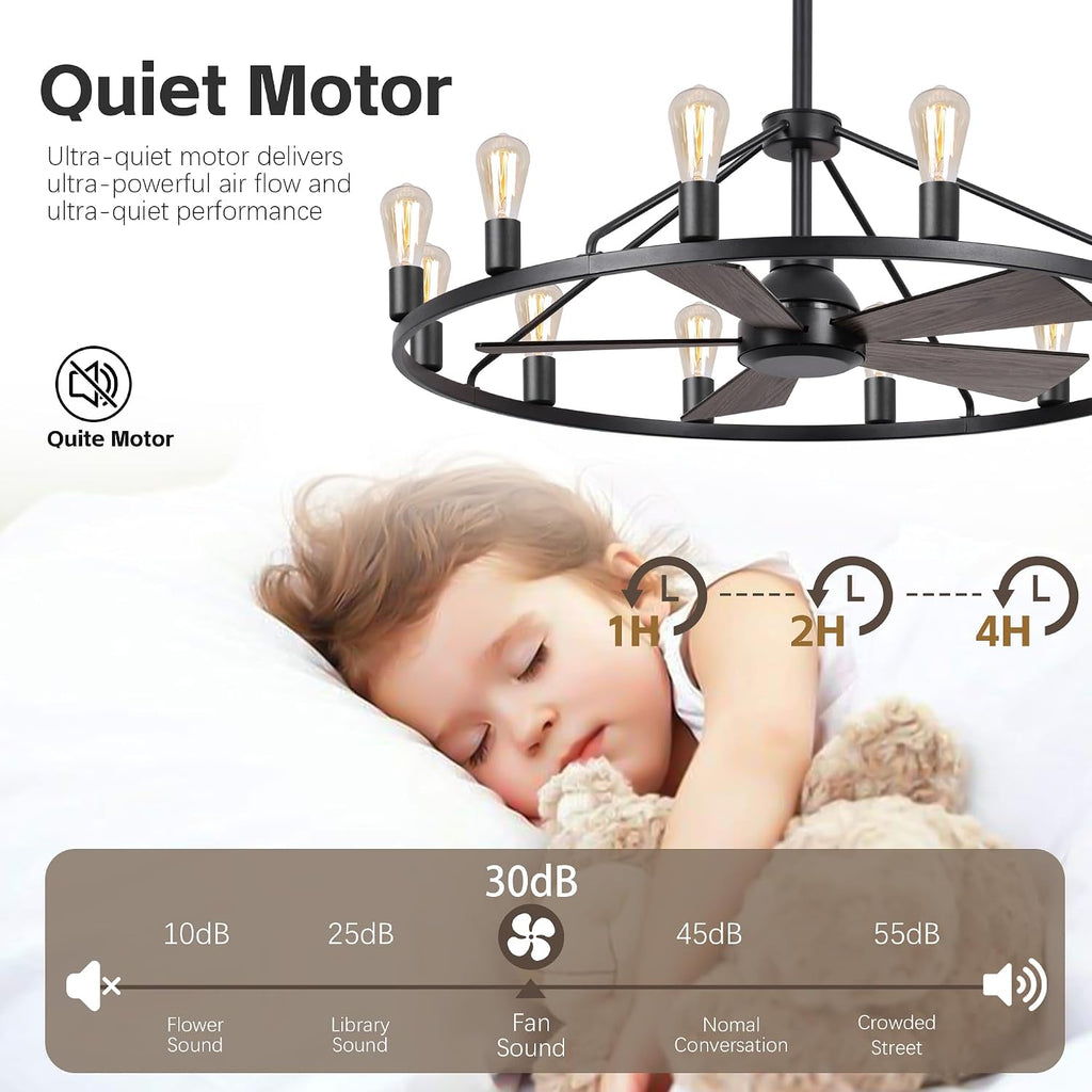 44' Wagon Wheel Chandelier with Fans, Black Farmhouse Ceiling Fan with Light and Remote, Rustic Large Fandelier for Living Room, Adjustable Height, Farmhouse Chandelier Light Fixtures