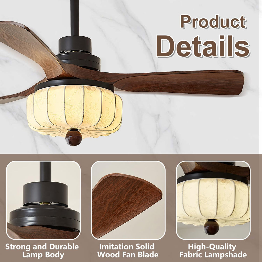 Large Japanese Silk Fabric Ceiling Light Wabi Sabi Round Ceiling Fan with Light Fandelier Ceiling Fan Light with Remote Control 6 Speed Reversible Vintage Flush Mount LED Ceiling Fans Lights