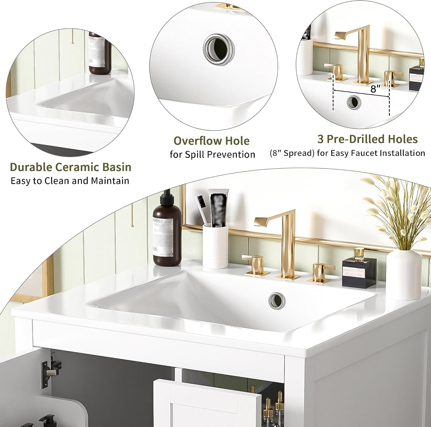 24' Bathroom Vanity with Sink, Harper & Bright Designs Free Standing Single Vanity Set with 3 Drawers and One Door with Storage Racks, Solid Wood Storage Cabinet with Ceramic Basin for Bathroom, White