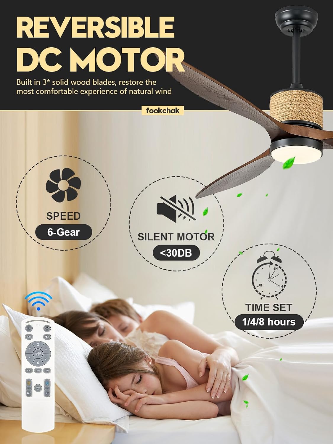 60in Dimmable Black Ceiling Fan Lights with Remote Control 3 Blade Hemp Rope Farmhouse Ceilings Fan with Light Walnut Wood LED Ceiling Fan Outdoor for Patio Kitchen Bedroom Living Room
