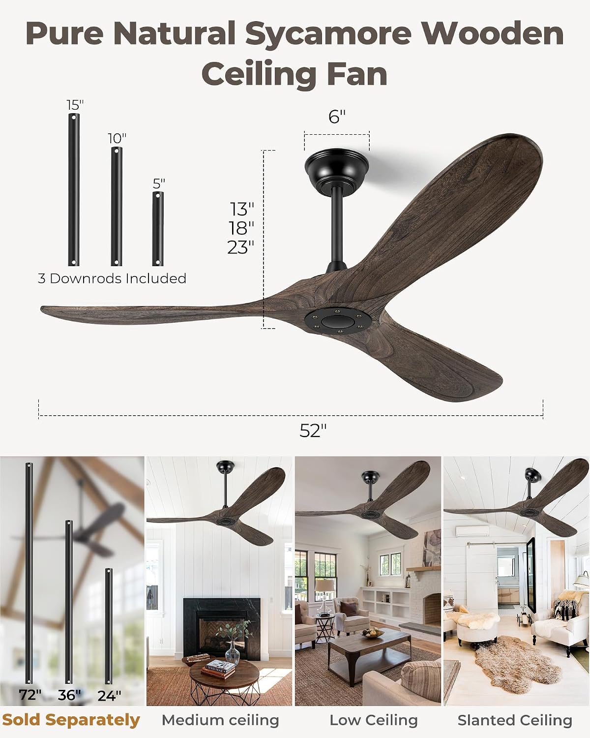 52' Ceiling Fans Without Light, Solid Wood Ceiling Fan with Remote Control and DC Motor, No Light, Modern Ceiling Fan with 3 Blades, Indoor Outdoor for Patios, Bedroom - Deep Brown