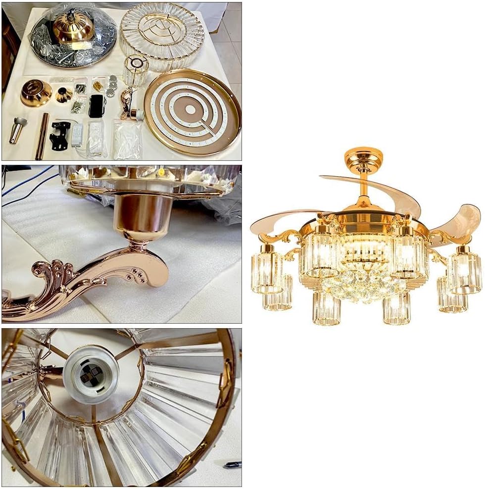 42' Modern Fandelier Ceiling Fan with Light and Remote, Gold Crystal Chandelier Fan with 8-Light Reversible Blade 6 Speed Change Silent Motor for Living Dining Room