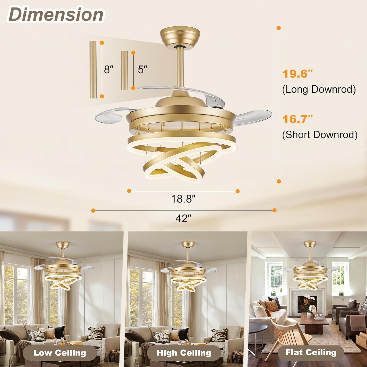 42 Inch Retractable Ceiling Fan with Lights, Gold Fandelier Ceiling Fans with Light and Remote, Reversible, 6 Speed Dimmable LED Chandelier Ceiling Fan for Bedroom Living Room Dining Room, 3000K-6000K