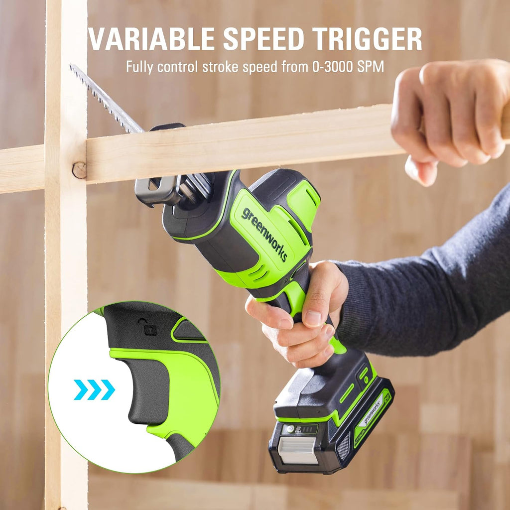 Greenworks 24V Brushless 1' Compact One-Handed Reciprocating Saw (3,000 SPM), Cordless Powered Variable Speed Recip Saw, 2.0Ah Battery and Compact Charger Included,‎ RSG404