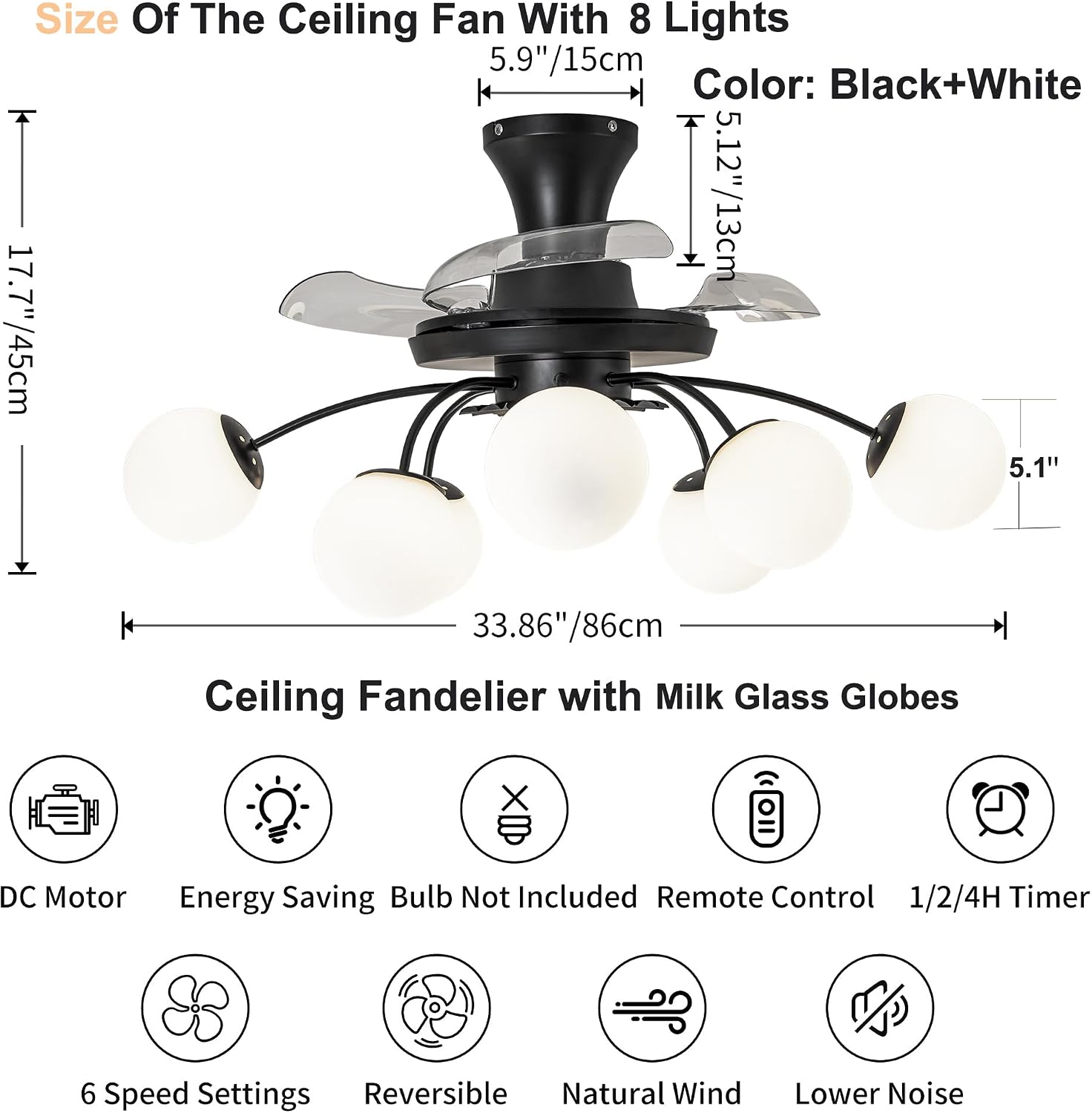 8-Light Bubble Fandelier, Black and White Glass Globe, 34 Inches | Sputnik Design, 3 Retractable Hidden Blades, 6 Speeds Reversible Motor, Remote & Timer, Ceiling Fan with Light