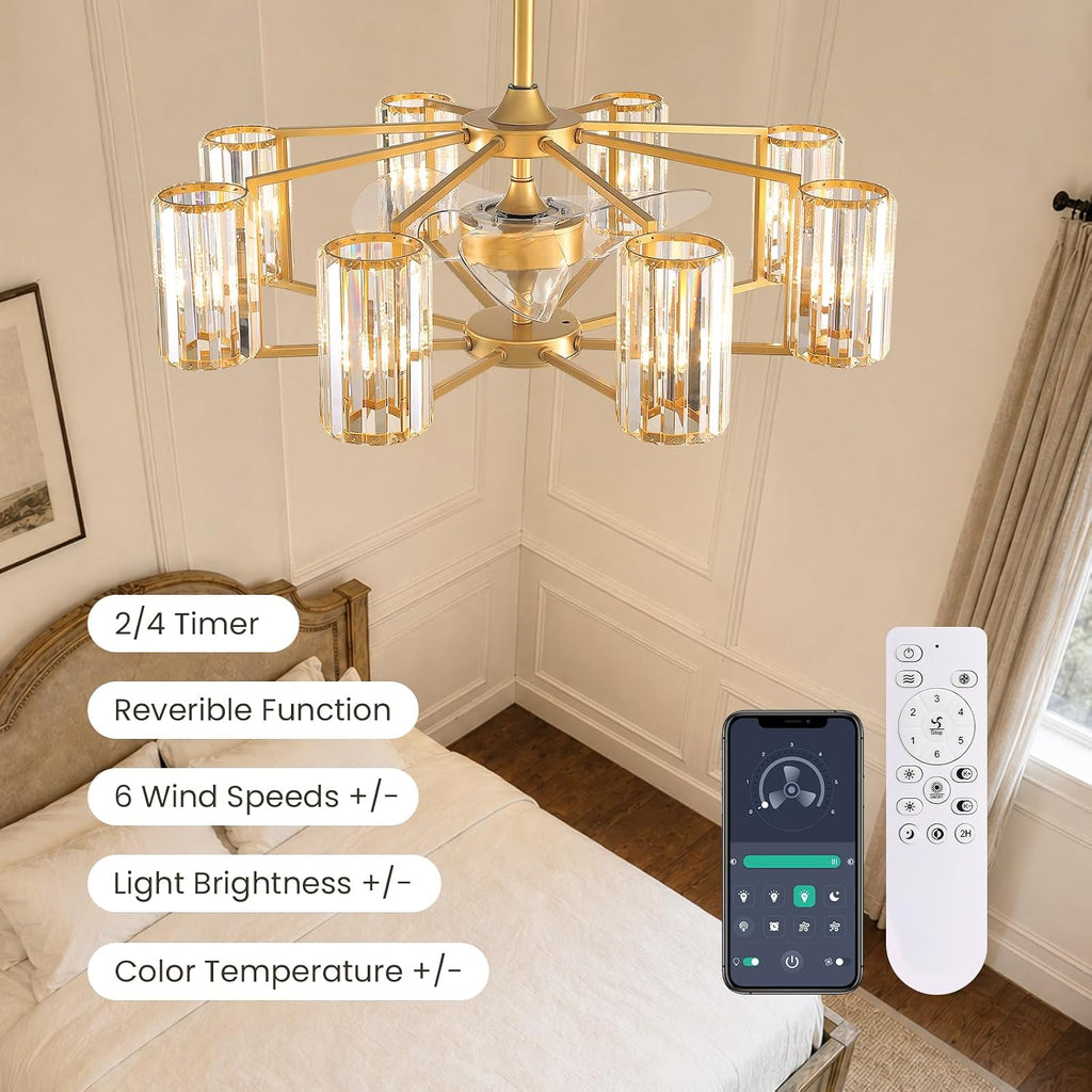 36' Large Crystal Fandelier Dimmable 6-Light Vintage Flush Mounted Chandelier Ceiling Fan Gold Ceiling Fans with Lights and Remote for Dining Living Room Kitchen