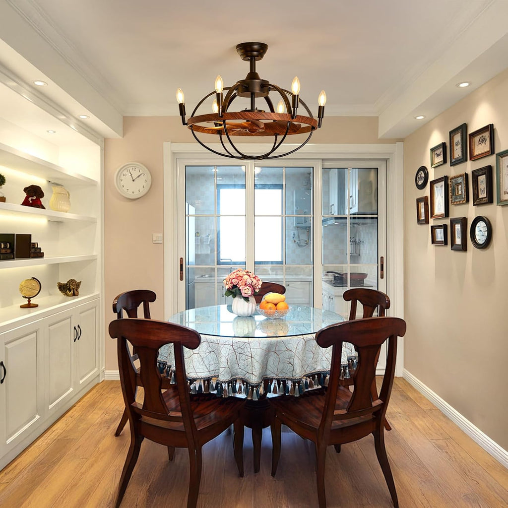 27.6' Farmhouse Ceiling Fan with Light and Remote Control, Vintage Cage Candle Chandelier Fans Rustic Enclosed Bladeless Fandelier for Kitchen Dining Room Living Room