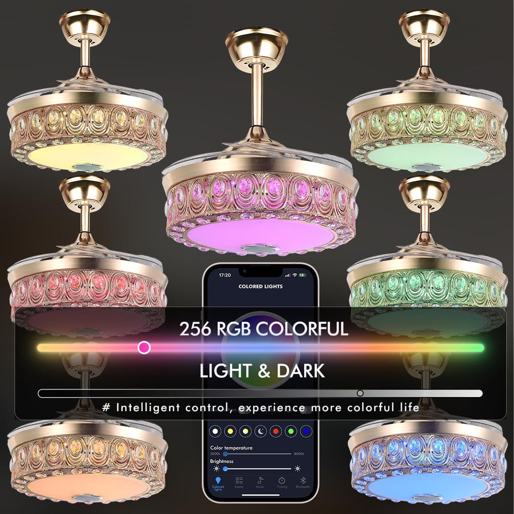 A Million Modern Fandelier Ceiling Fan with Light and Remote, 42'Gold Retractable Chandelier Ceiling Fans with Bluetooth Speaker 3 Speeds RGB LED Light Crystal Fandeliers for Dining Room Bedroom