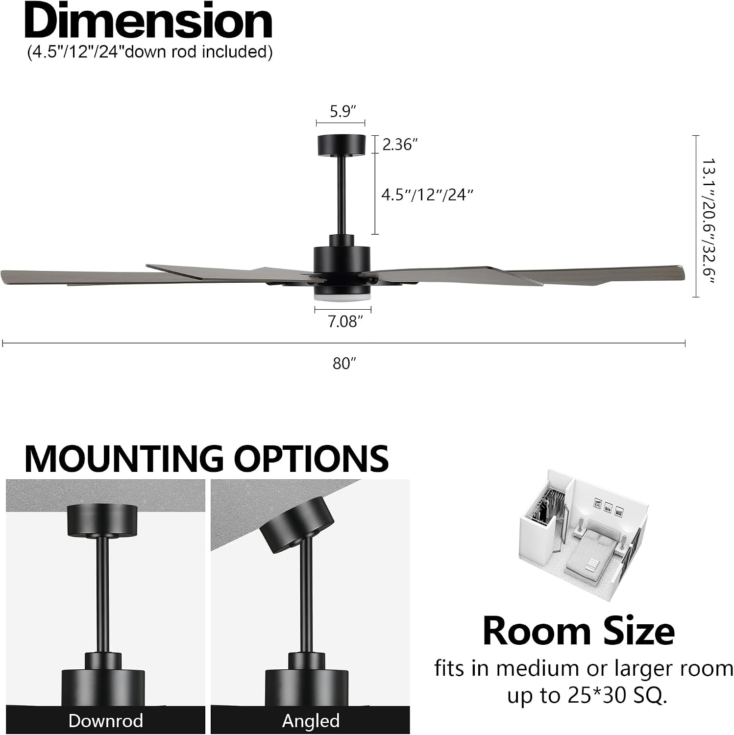 ELEHINSER 80 Inch Ceiling Fan with Lights and 3 Downrods, 8 Plywood Blades, 6-Speed Noiseless Reversible DC Motor, 3CCT, Windmill Ceiling fan for Kitchen Bedroom Living Room, Black and Grey