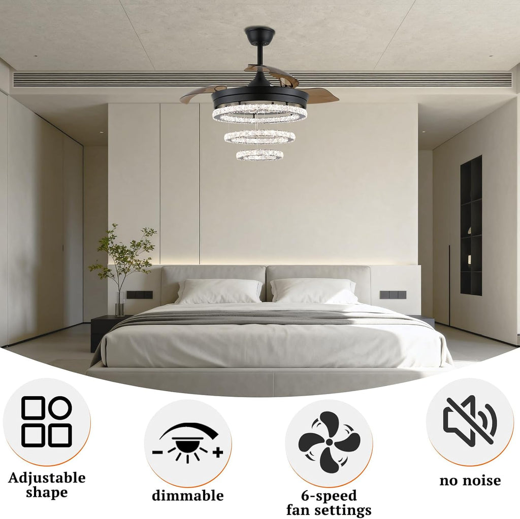42' Black Crystal Ceiling Fan with Light, Dimmable LED Fandelier with Retractable Invisible Blades, Quiet Reversible DC Motor, 3 Color Lighting, Flush Mount for Bedroom, Living Room, Dining Room