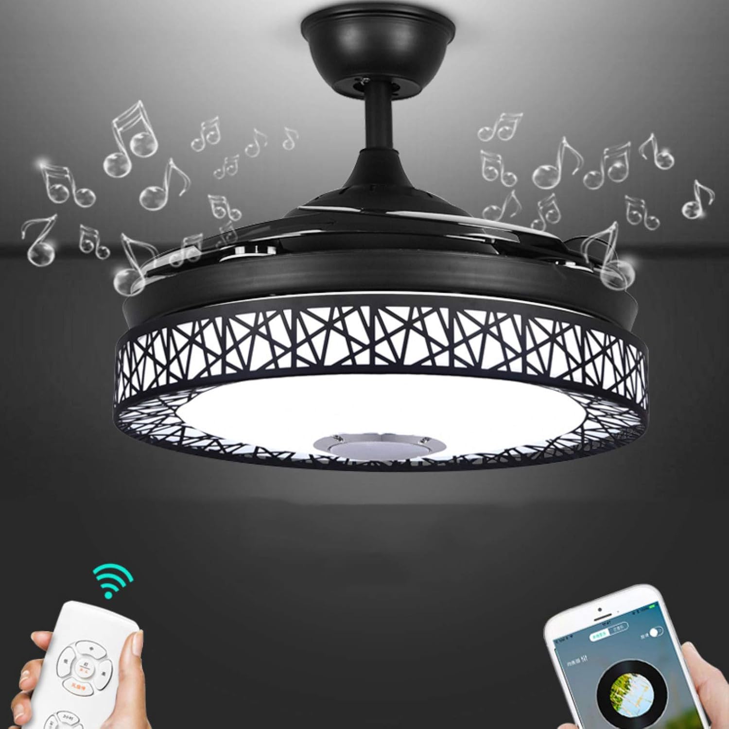 Modern Bluetooth Ceiling Fans Lights with Speaker Music LED Chandelier, 7 Colors Dimmable Inlcuded LED Kits Smart Bluetooth for Living Room Bedroom Restaurant