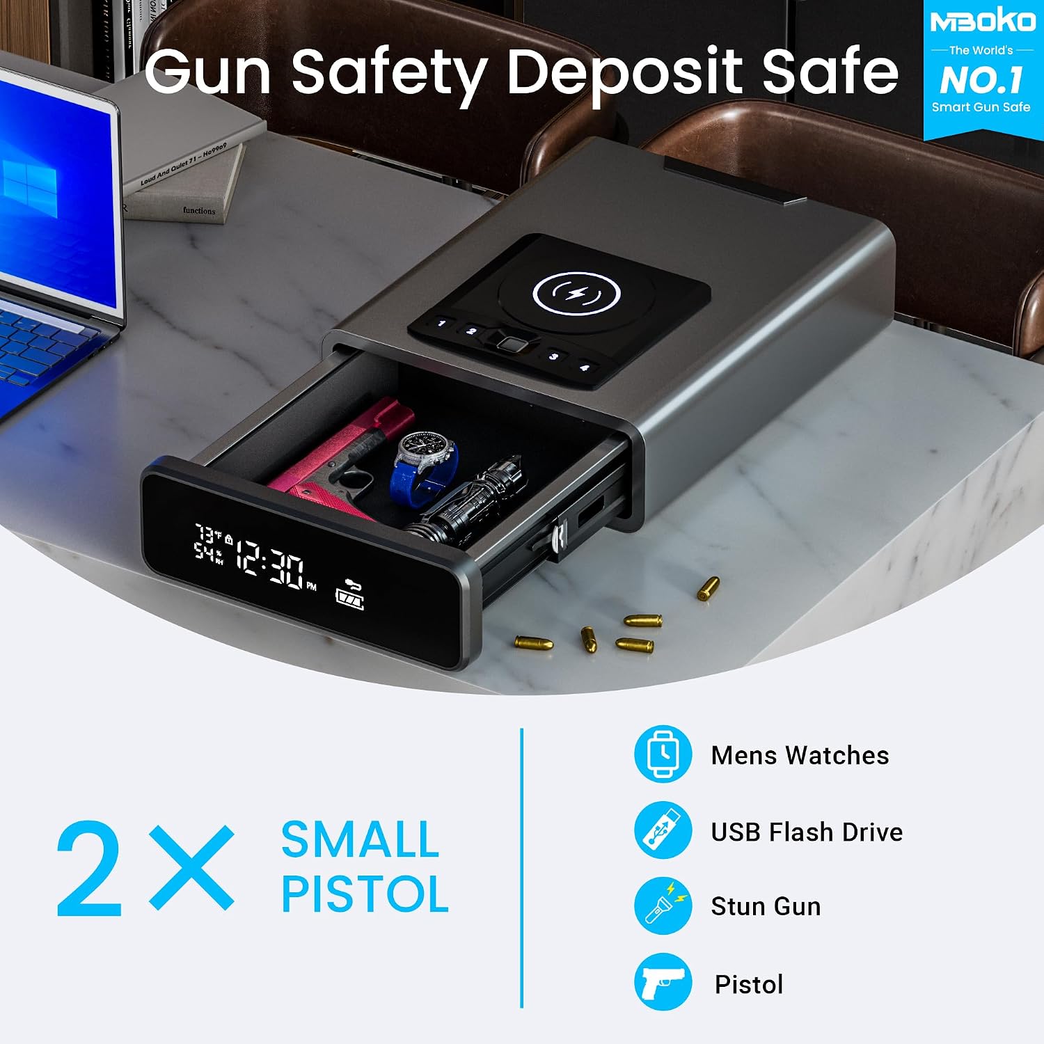 Mboko Biometric Discreet Gun Safe with 12-Hour Time Clock Display, Wireless Charging Pistol Safe for Handgun with Adjustable Brightness, Backlit Keypad, LED Light, Gifts for Mother's Day（Gray）