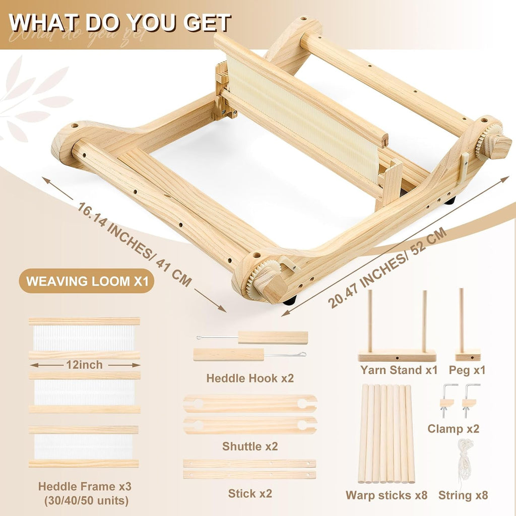 Threlaco 12 Inch Weaving Rigid Heddle Loom Kit Multi Craft Wooden Weaving Loom with Heddle Shed Stick Threads Warping Frame with Pegs and Yarn Stand for Adults Beginners Handcraft DIY Art Crafts
