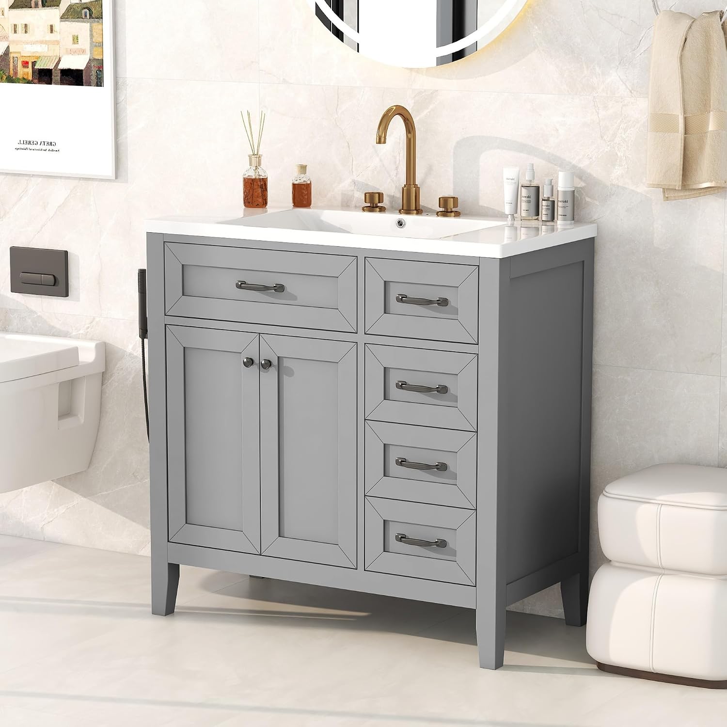 36' Bathroom Vanities Cabinet with Ceramic Sink Top, Two Doors and Three Drawers, Soft-Closing Door, Solid Wood Legs, Gray