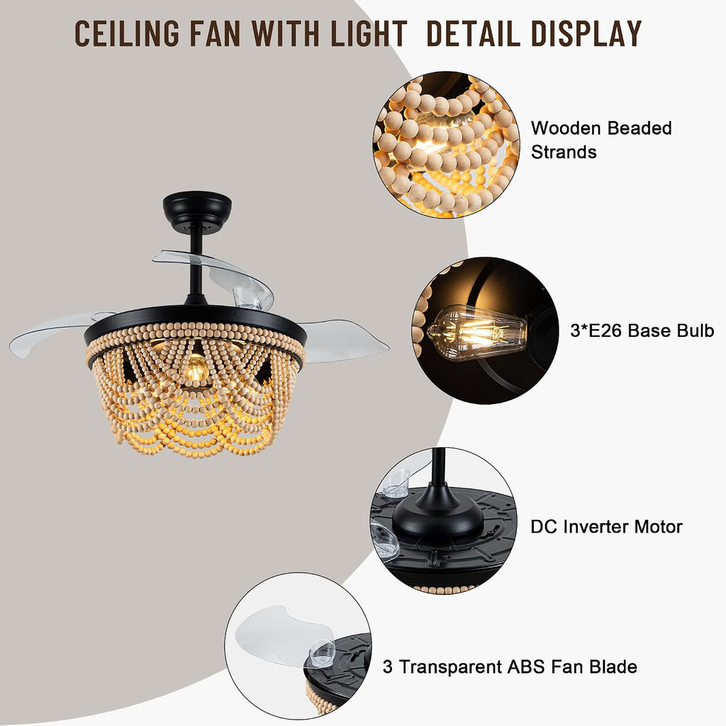 42'' RetractableCeiling Fans with Lights and Remote, Farmhouse Ceiling Fans with Wooden Beads, 6 Speeds Reversible Bladeless Ceiling Fan for Bedroom Living Room Kitchen