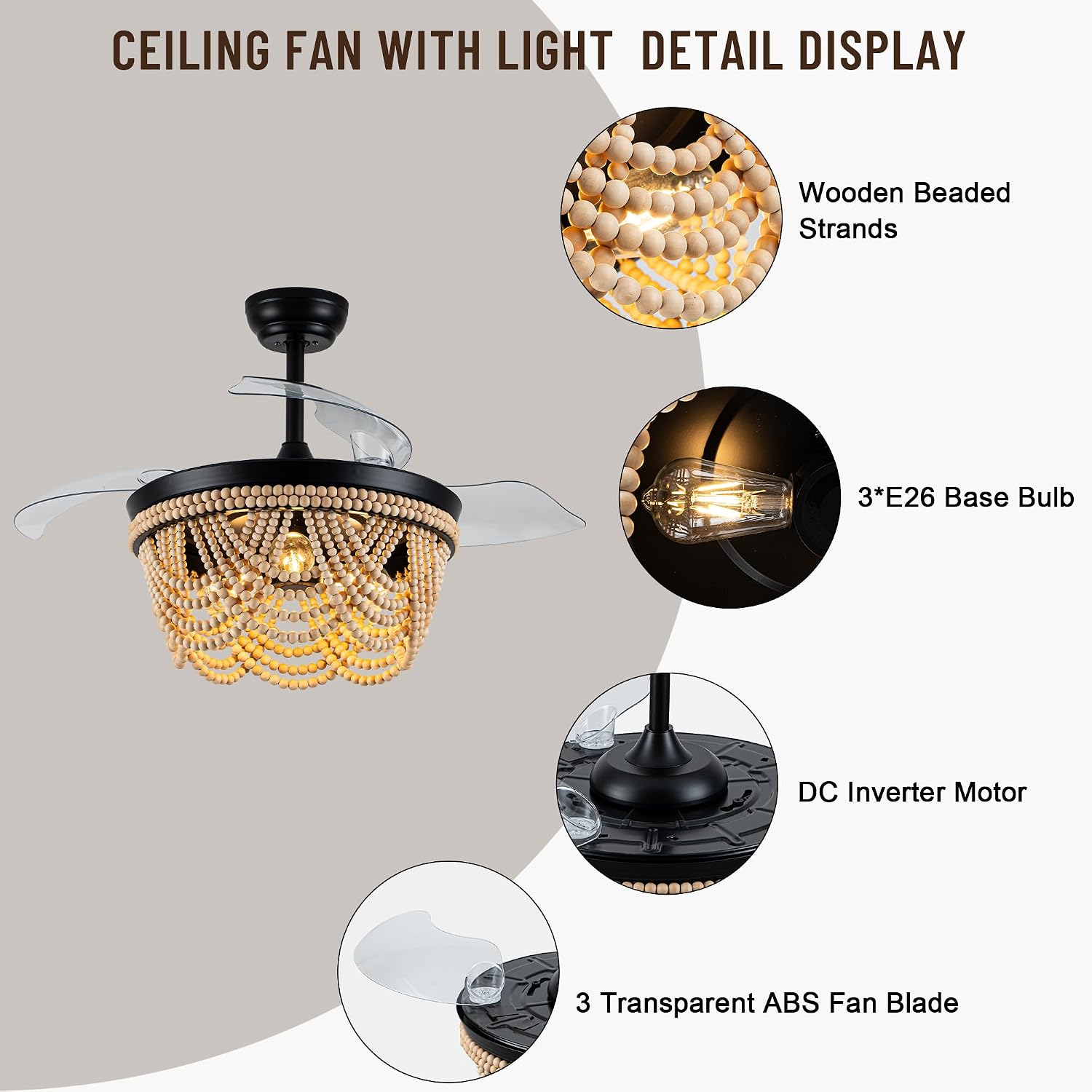 42'' RetractableCeiling Fans with Lights and Remote, Farmhouse Ceiling Fans with Wooden Beads, 6 Speeds Reversible Bladeless Ceiling Fan for Bedroom Living Room Kitchen