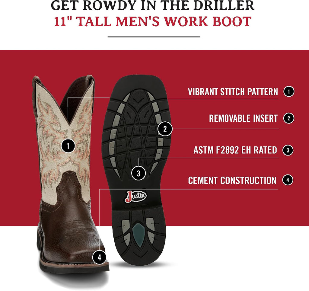 Justin Switch 11'' Composite Toe Work Boots - Men's Safety Footwear, Slip-Resistant, ASTM Rated