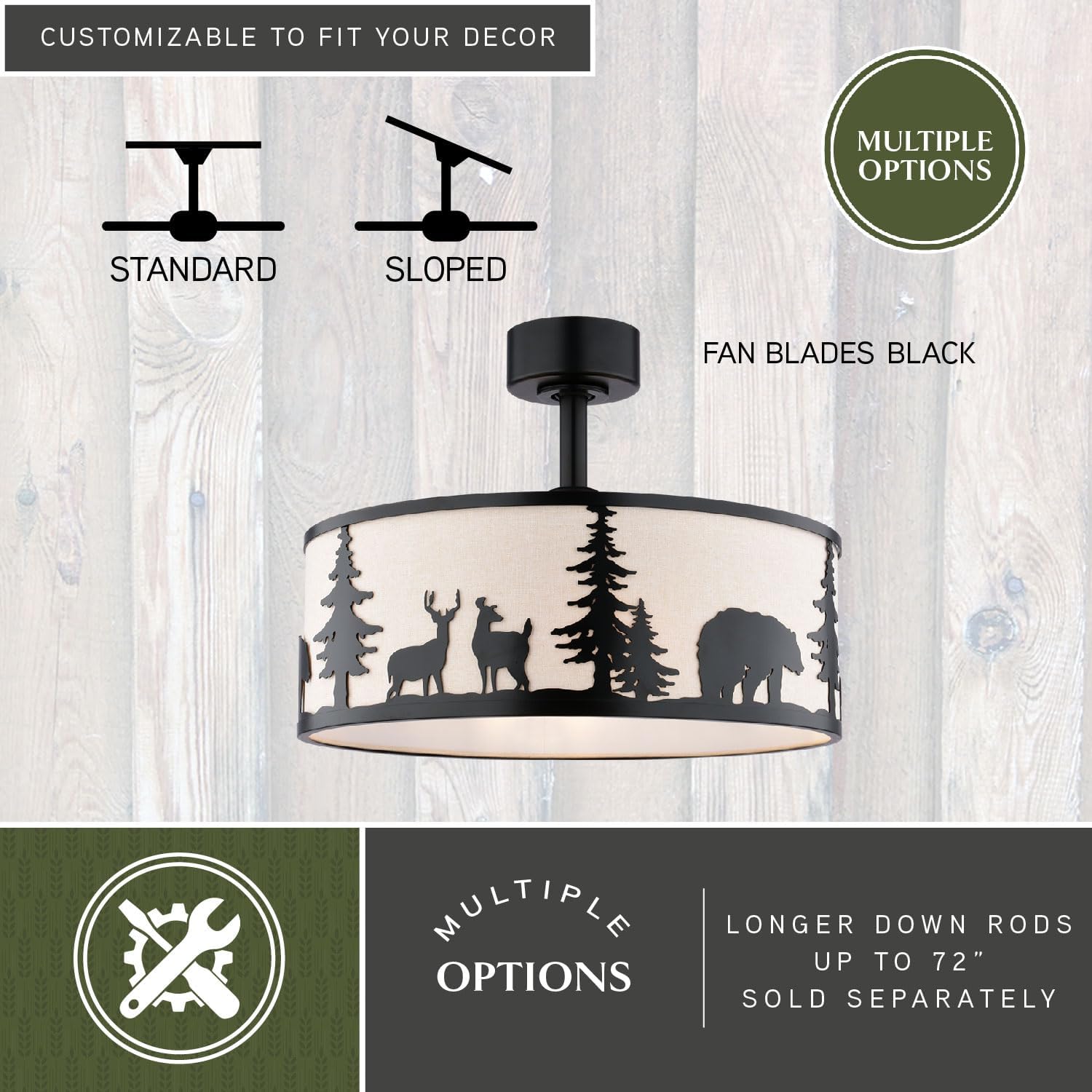 VAXCEL Acadia 20 in. Bronze Indoor Rod Mount Rustic Fandelier Ceiling Fan with Black Blades, Dimmable LED Light Kit and Remote Control Included, 3 Speeds, Wildlife White Linen Drum Shade