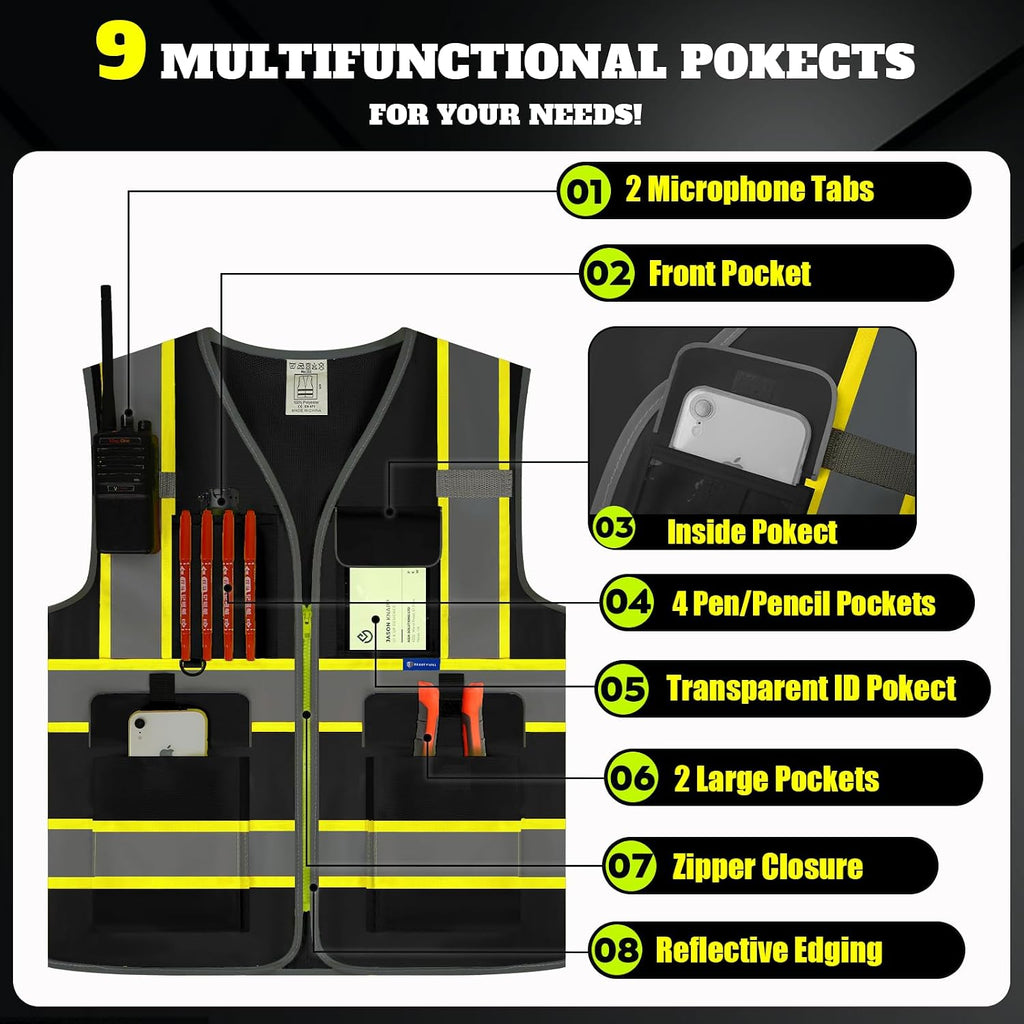 Custom Safety Vest Logo High Visibility Reflective Vest Ansi with Pockets Class 2 Hi Vis Security Construction Workwear