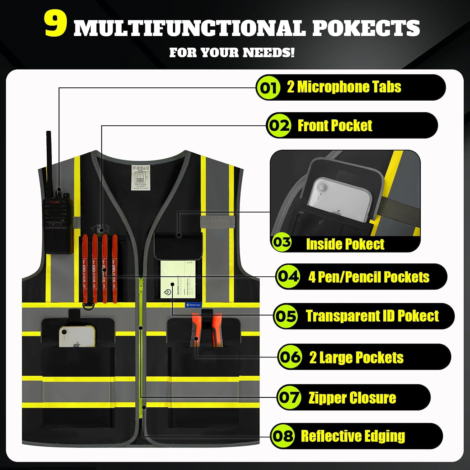 Custom Safety Vest Logo High Visibility Reflective Vest Ansi with Pockets Class 2 Hi Vis Security Construction Workwear