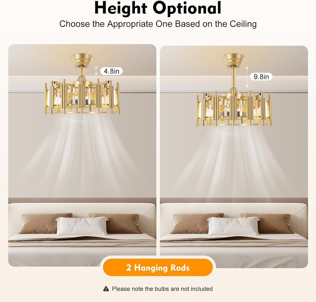 20' Champagne Gold Ceiling Fan with LED Light Remote control, 3-Speed Quiet Enclosed Fandelier Gold Caged Crystal Ceiling Fan Downrod Mount Industrial Metal Chandelier Fan 7 Invisible Blades