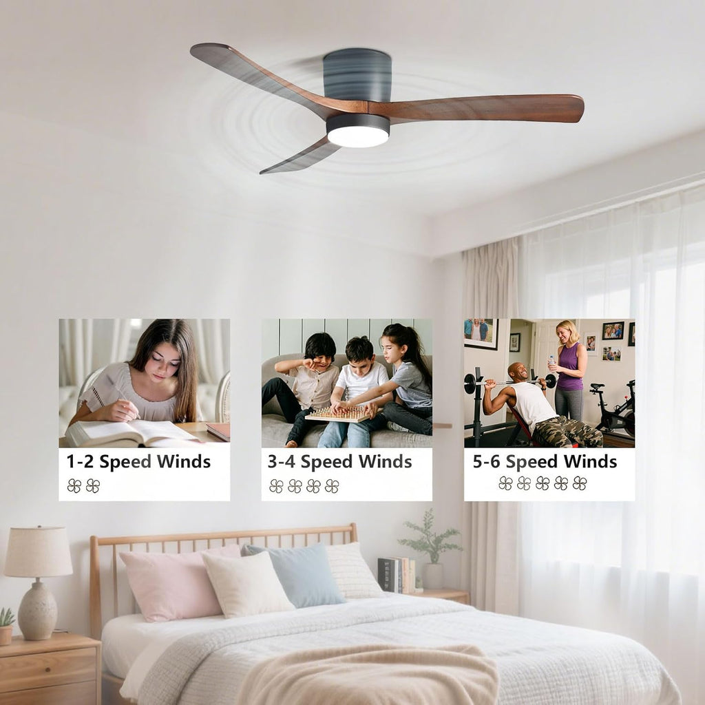 48in Ceiling Fans with Lights Modern Black Ceiling Fan Remote 6 Speed, Solid Wood Blades Ceiling Fan with Light for Bedroom Living Room Dining Room