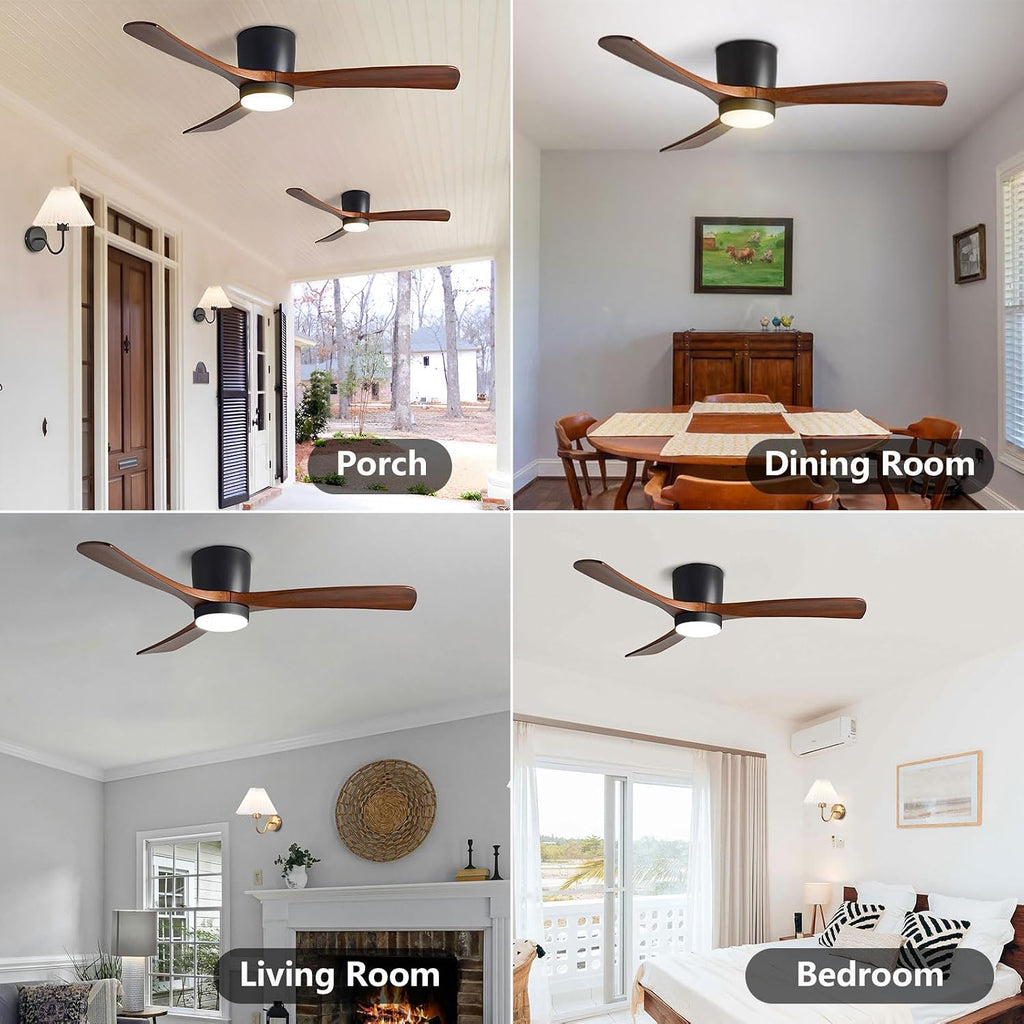 48in Ceiling Fans with Lights Modern Black Ceiling Fan Remote 6 Speed, Solid Wood Blades Ceiling Fan with Light for Bedroom Living Room Dining Room