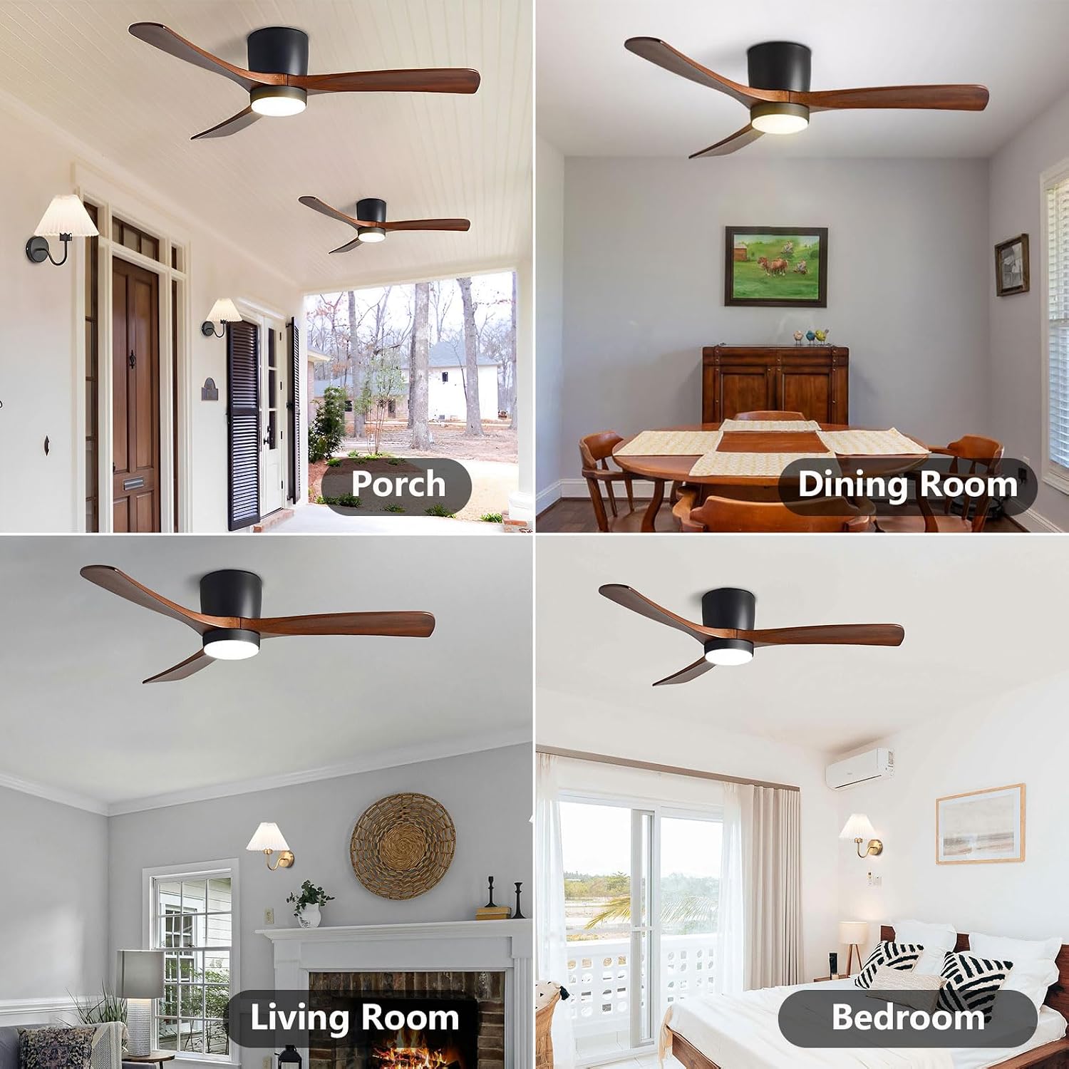 48in Ceiling Fans with Lights Modern Black Ceiling Fan Remote 6 Speed, Solid Wood Blades Ceiling Fan with Light for Bedroom Living Room Dining Room