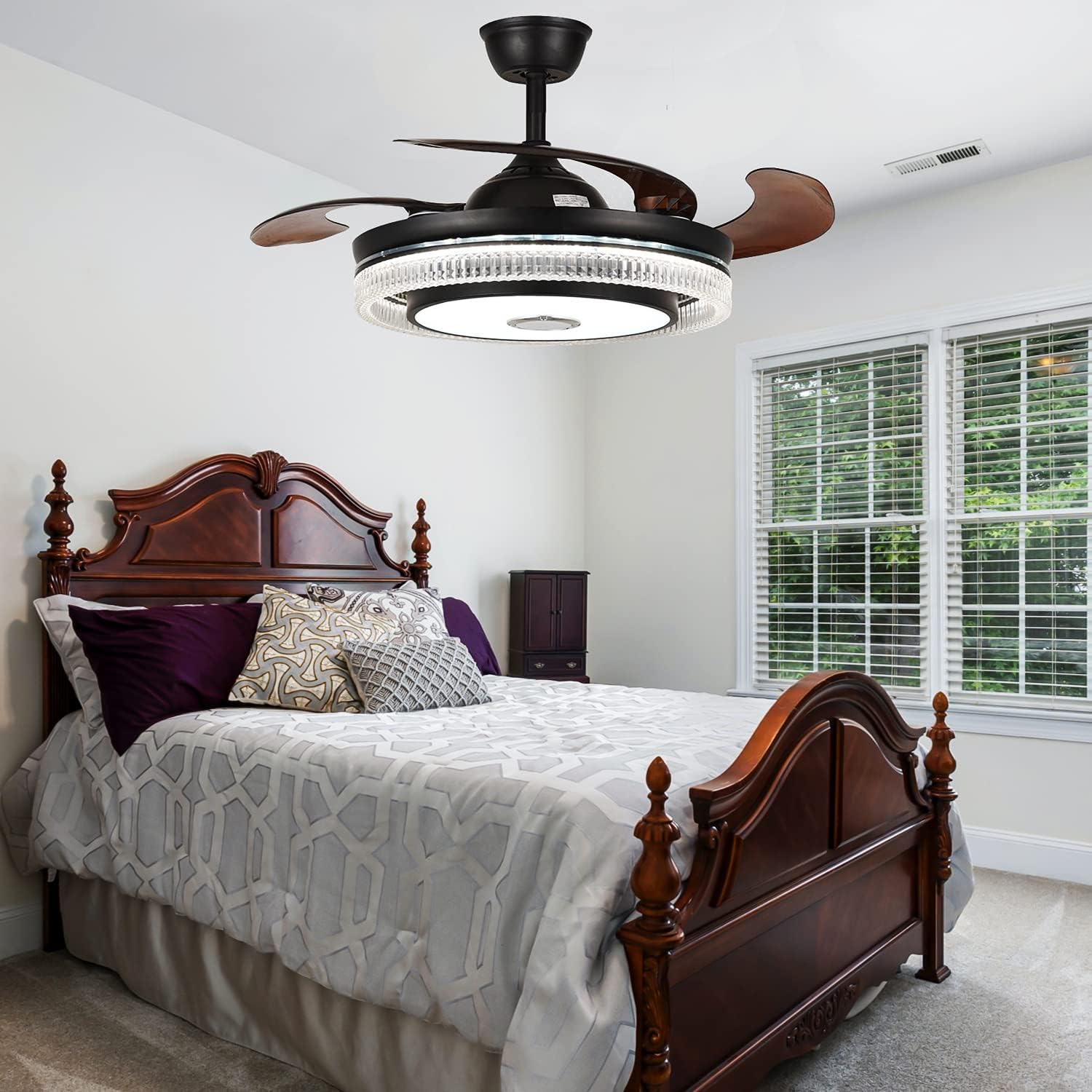 42in Fandelier Ceiling Fan with Lights and Bluetooth Speaker,Modern Crystal Chandelier LED Fan 6 Speeds Fans Music with Remote Control Modern Crystal Invisible Blades with Silent Motor
