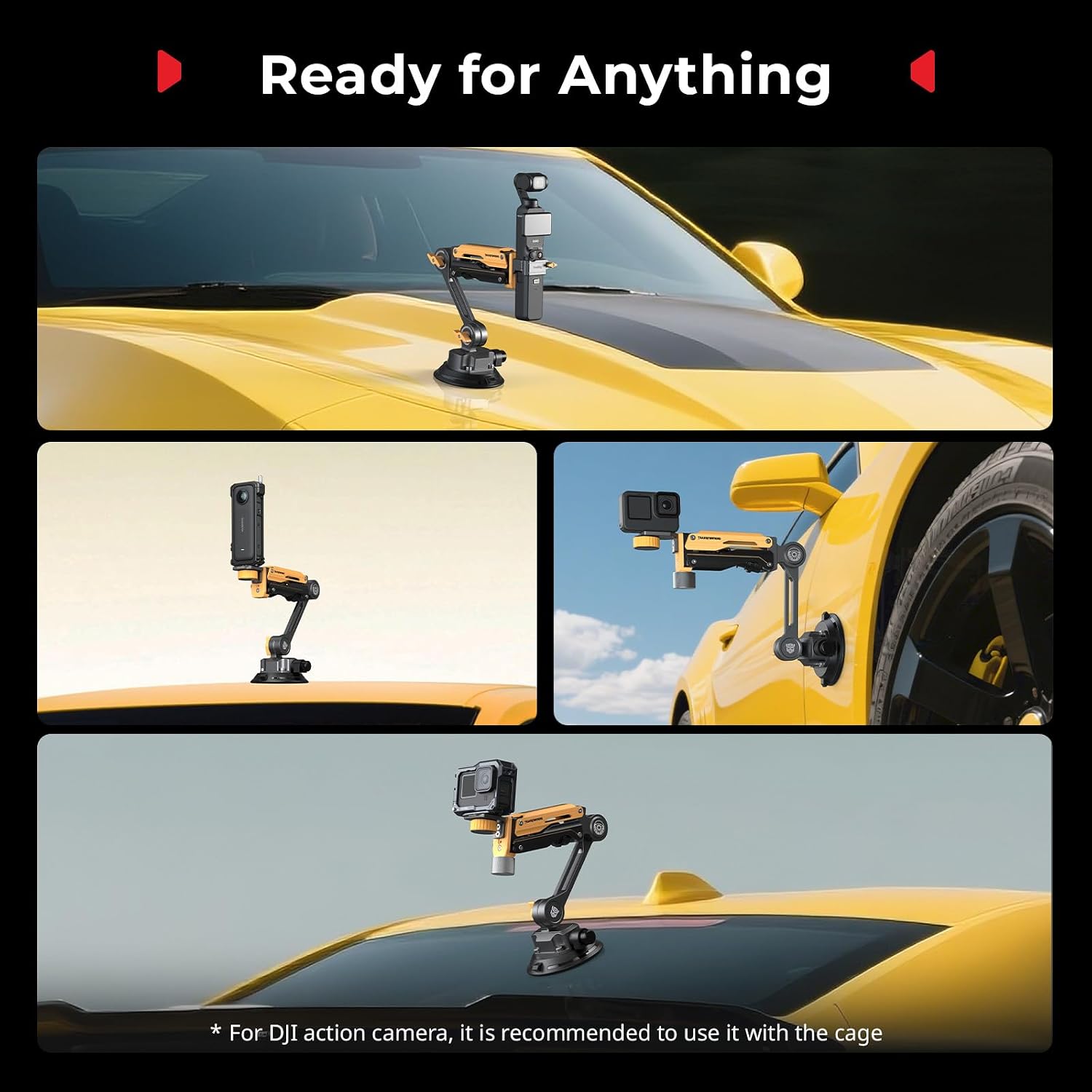 SMALLRIG Mini Shock Absorber Arm, 4' Vacuum Suction Cup, Double Spring and Hydraulic Damping, Car Mount for DJI Action 6/5 Pro/Pocket 3, for GoPro Hero 13/12, for Insta360 X5/4(Bumblebee Edition)-5528