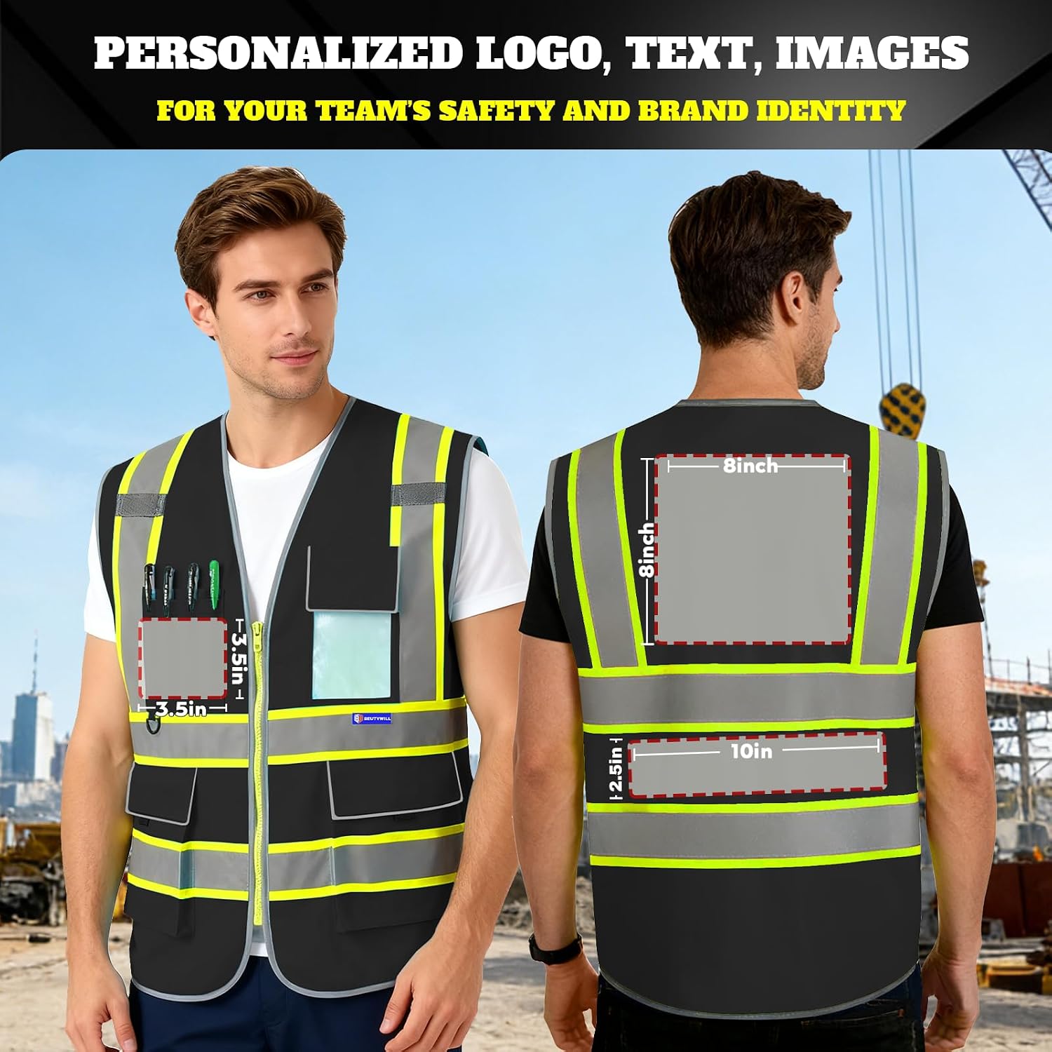 Custom Safety Vest Logo High Visibility Reflective Vest Ansi with Pockets Class 2 Hi Vis Security Construction Workwear