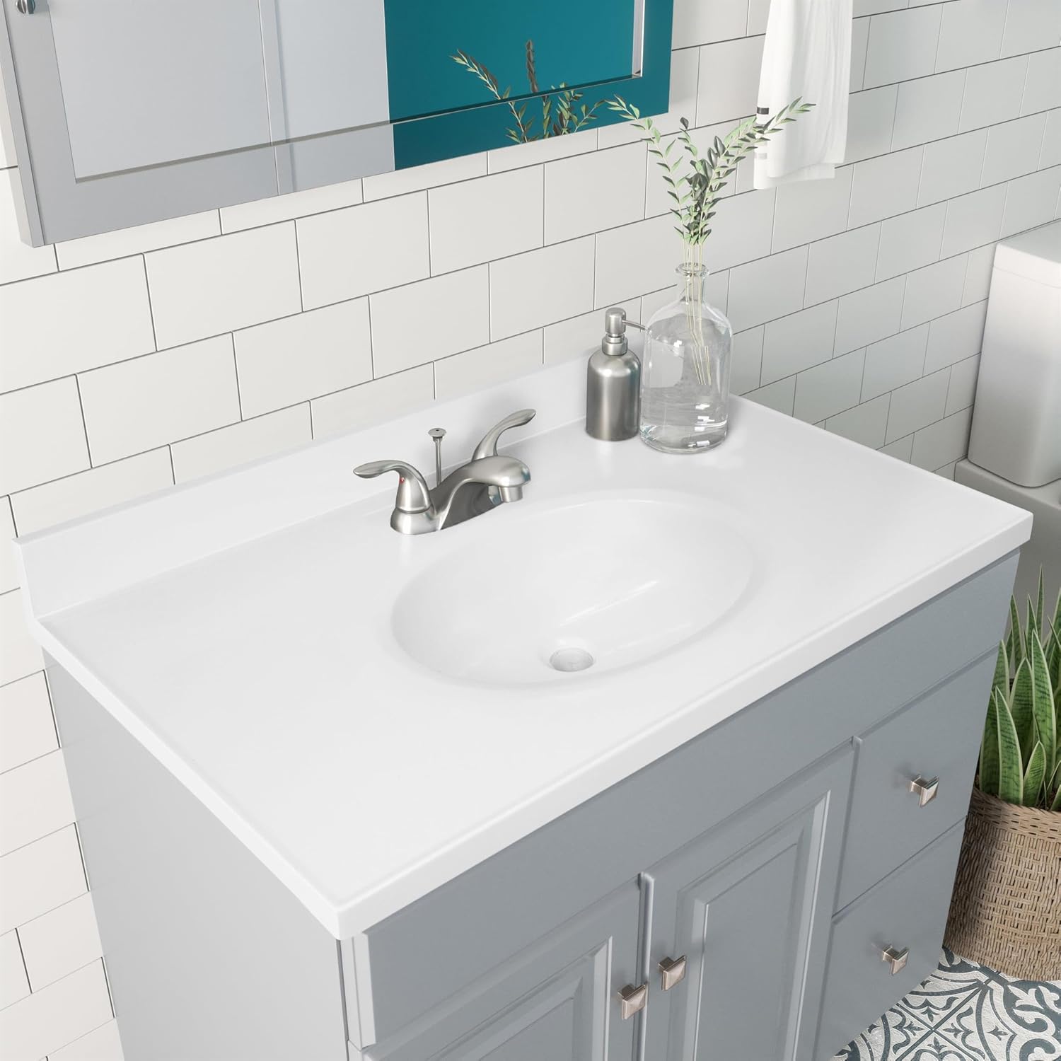 Pemberly Row 37x19 in Marble Single Bowl Vanity Top, Solid White Finish, Pre-Drilled Faucet Holes, Cultured Marble with Oval Sink, Integrated Backsplash, Durable Bathroom Countertop