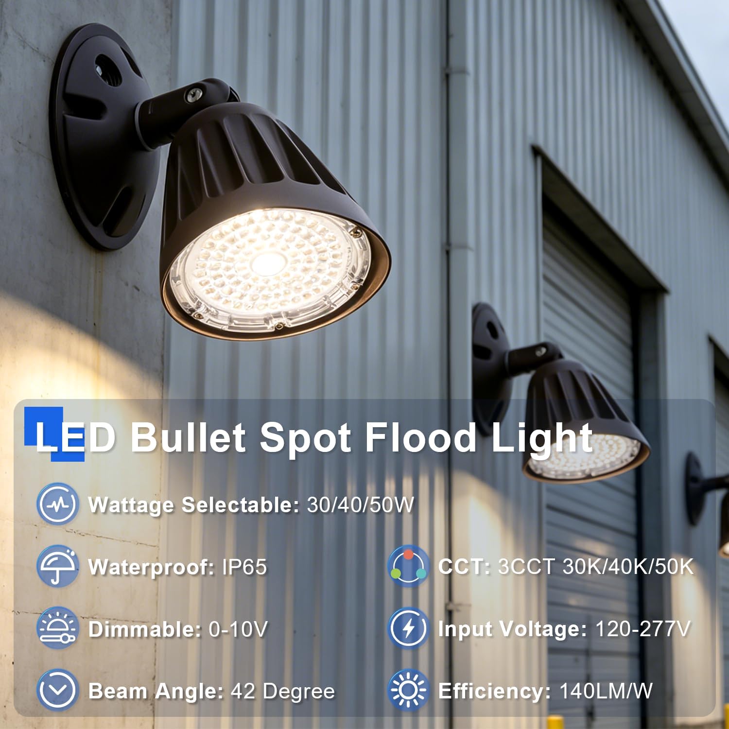 OSTEK 8 Pack LED Bullet Flood Light, 30W/40W/50W & 3CCT Selectable, 0-10V Dimmable Commercial Landscape Spotlight with Knuckle Mount for Flag Pole, Yard, Wall, 120-277V, IP65, UL Listed