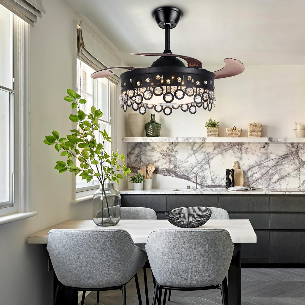42 Inch Retractable Fandelier Ceiling Fan with Light Bluetooth Speaker, Modern Crystal Chandelier Fan with Remote 7 Color Change Black Smart Invisible Fan Light for Bedrooms Living Room
