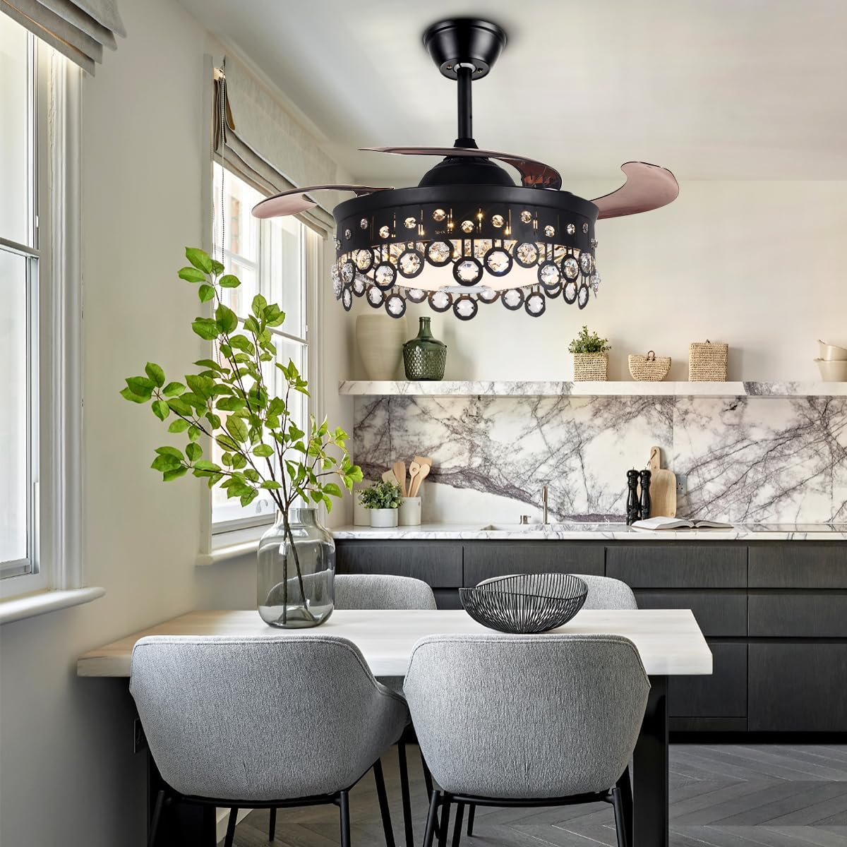 42 Inch Retractable Fandelier Ceiling Fan with Light Bluetooth Speaker, Modern Crystal Chandelier Fan with Remote 7 Color Change Black Smart Invisible Fan Light for Bedrooms Living Room