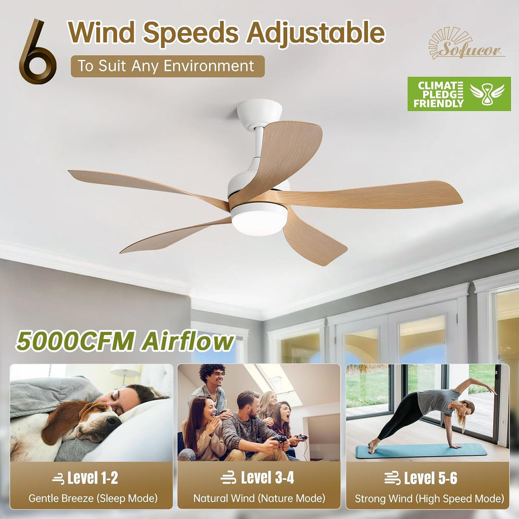 Sofucor 52 Inch Ceiling Fan with Light, Modern Ceiling Fan with Dimmable Memory LED - Quiet DC Motor, 6 Speeds 5000CFM, Timer, Reversible, for Living Room Bedroom, ETL, 5 Plastic+ABS Blades, Log Color