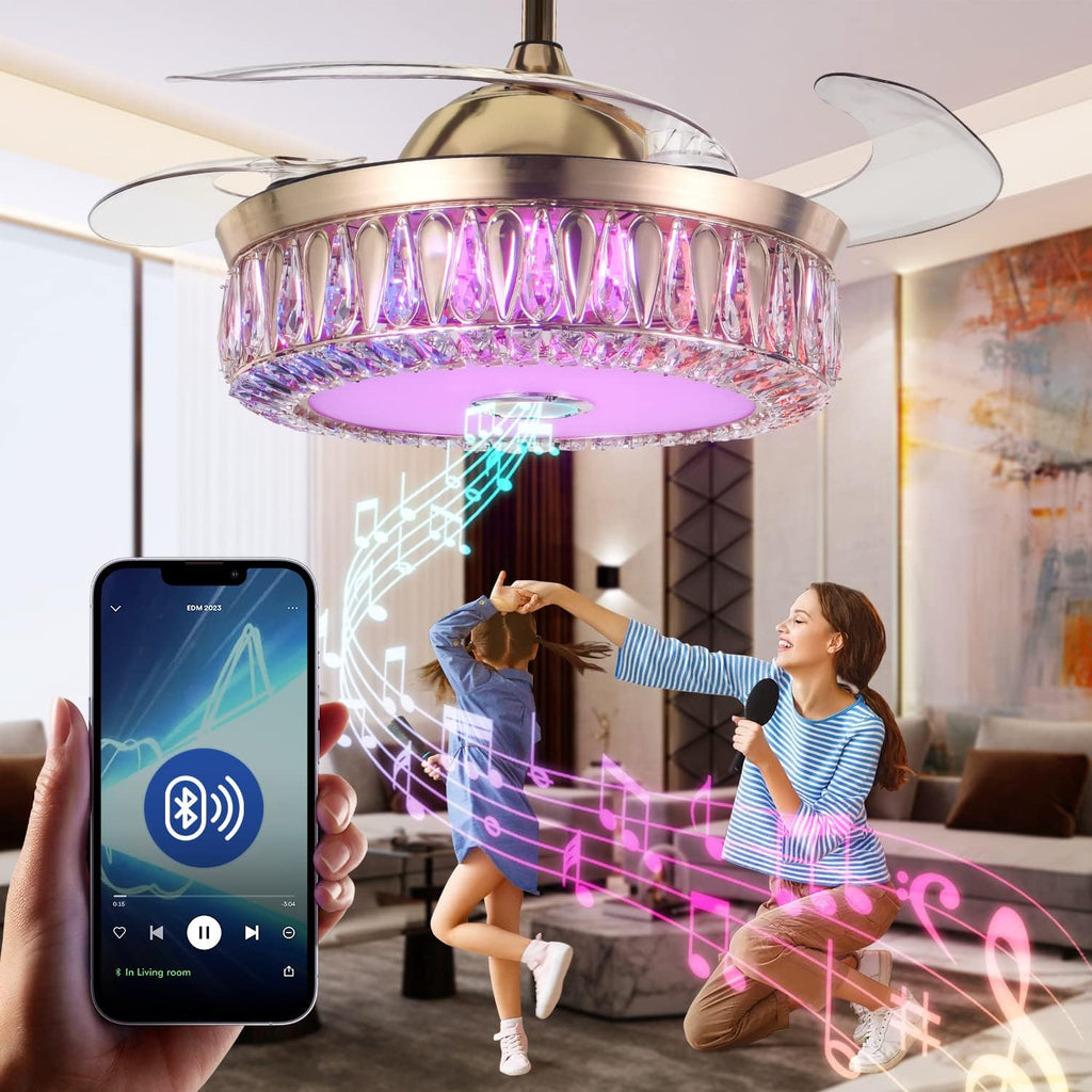 A Million 42' Gold Smart Ceiling Fan with Light and Bluetooth Speaker, Crystal Chandelier Fan with Retractable Blade 3 Speed and RGB Color Change APP and Remote Control