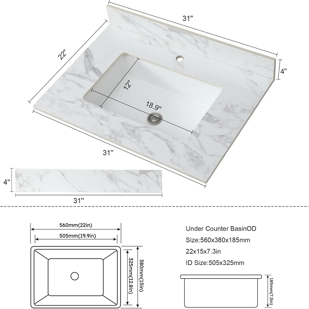 Montary 31'x 22' Bathroom Vanity Top with Undermounted Large Ceramic Sink & Backsplash, Sintered Stone Artificial Marble Vanity Sink Tops with 1 Pre-Drilled Hole, Carrara White