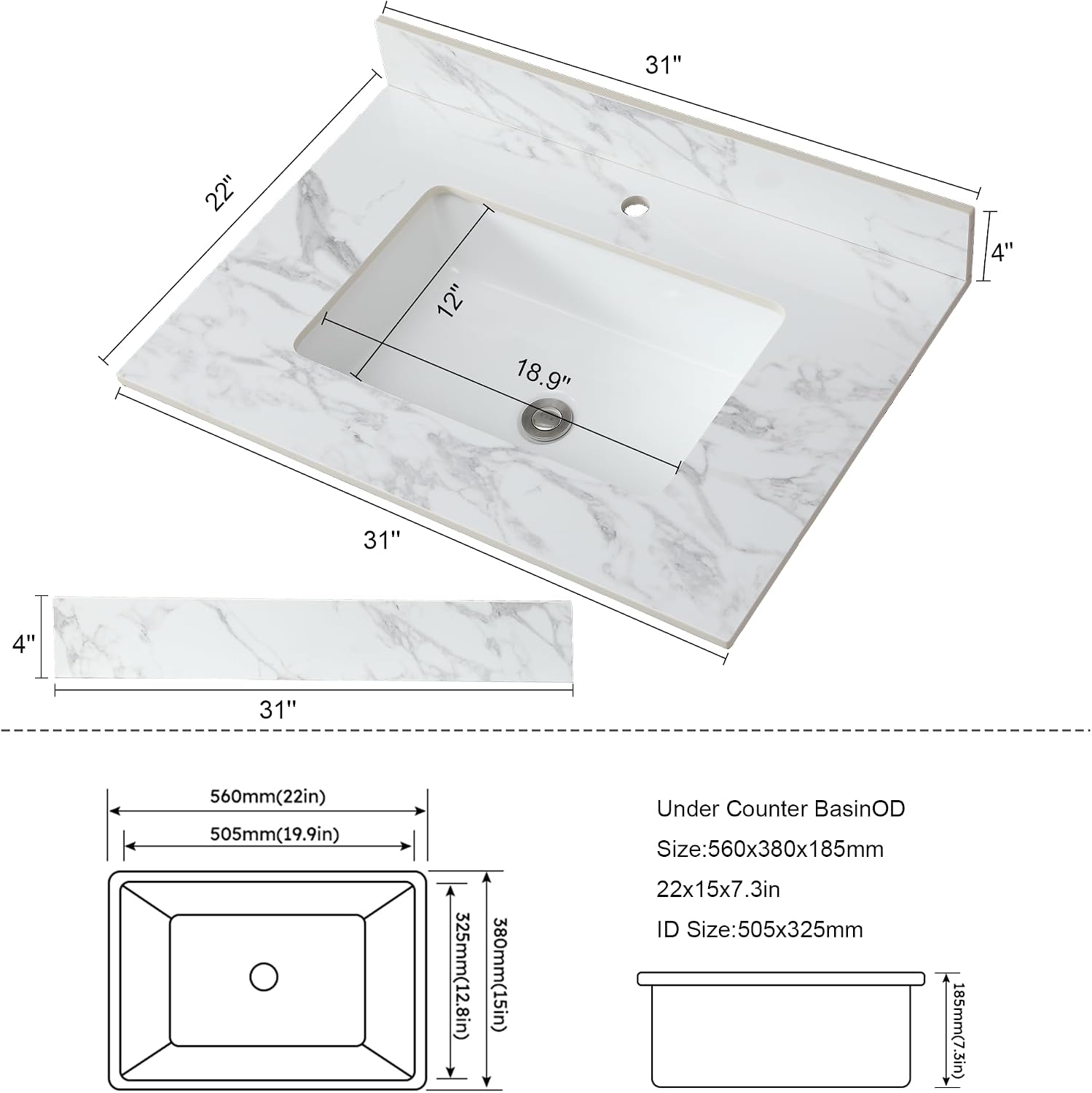 Montary 31'x 22' Bathroom Vanity Top with Undermounted Large Ceramic Sink & Backsplash, Sintered Stone Artificial Marble Vanity Sink Tops with 1 Pre-Drilled Hole, Carrara White