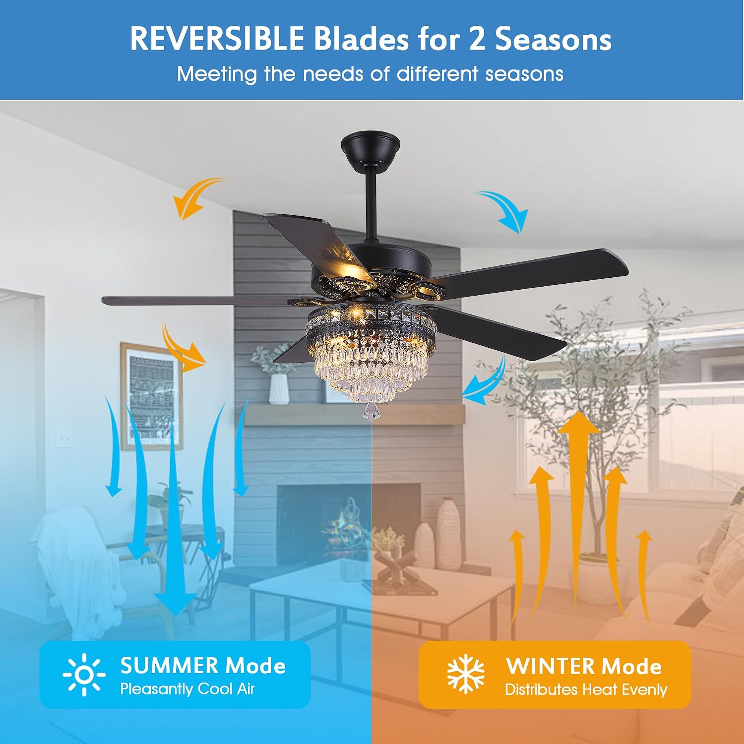 GJeg Crystal Ceiling Fan Fandelier with Lights- Retro Outdoor Fans with Remote Control, Farmhouse Ceiling Fan with Noiseless AC Reversible Motor,Dining Room,Living Room(52' Black)