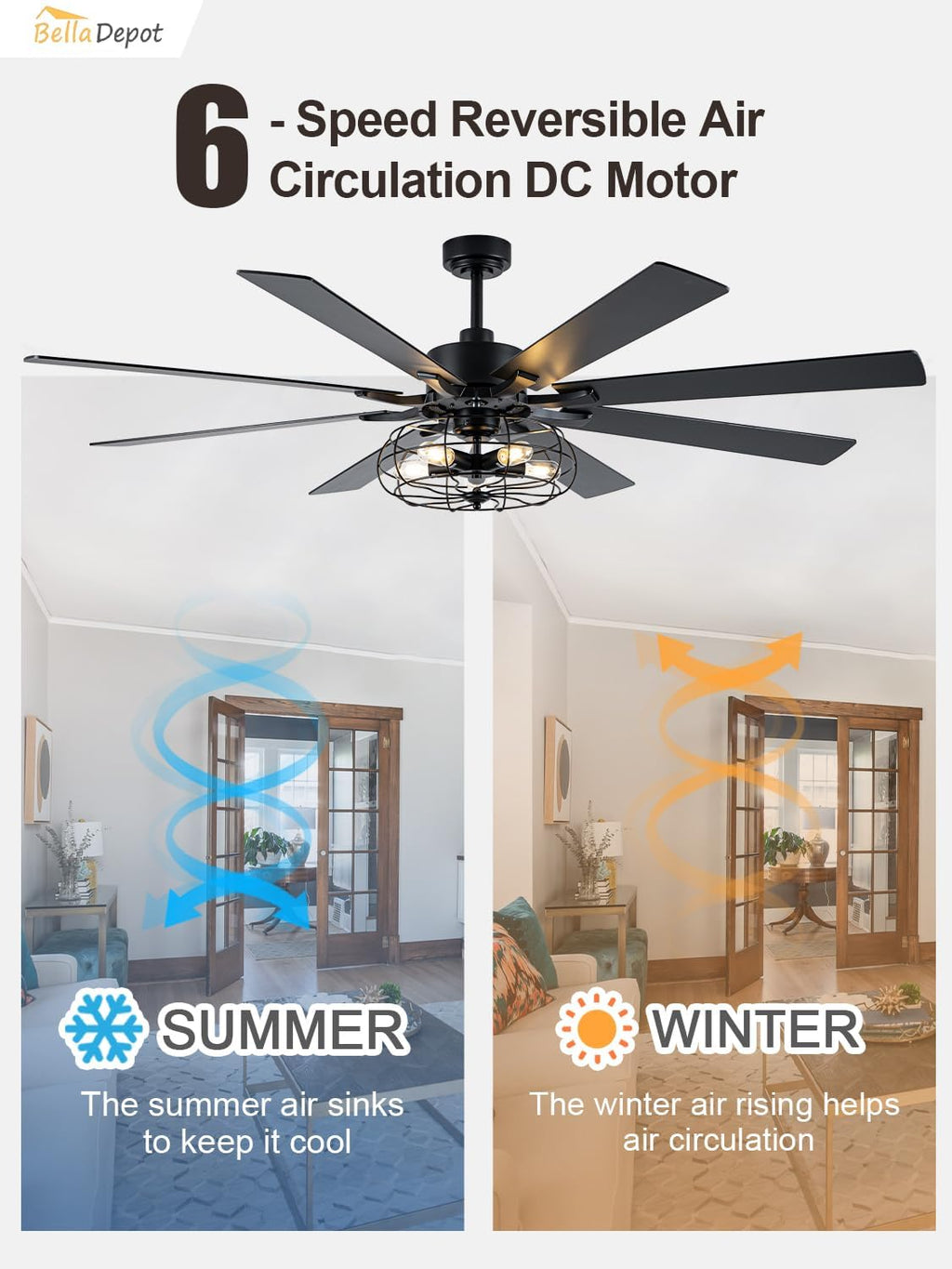 Bella Depot 72 Inch Large Farmhouse Ceiling Fan Industrial Big Chandelier Ceiling Fan with Light, 6-Speed, Reversible, Timing Option - Ideal for Bedroom, Living Room, Covered Patio