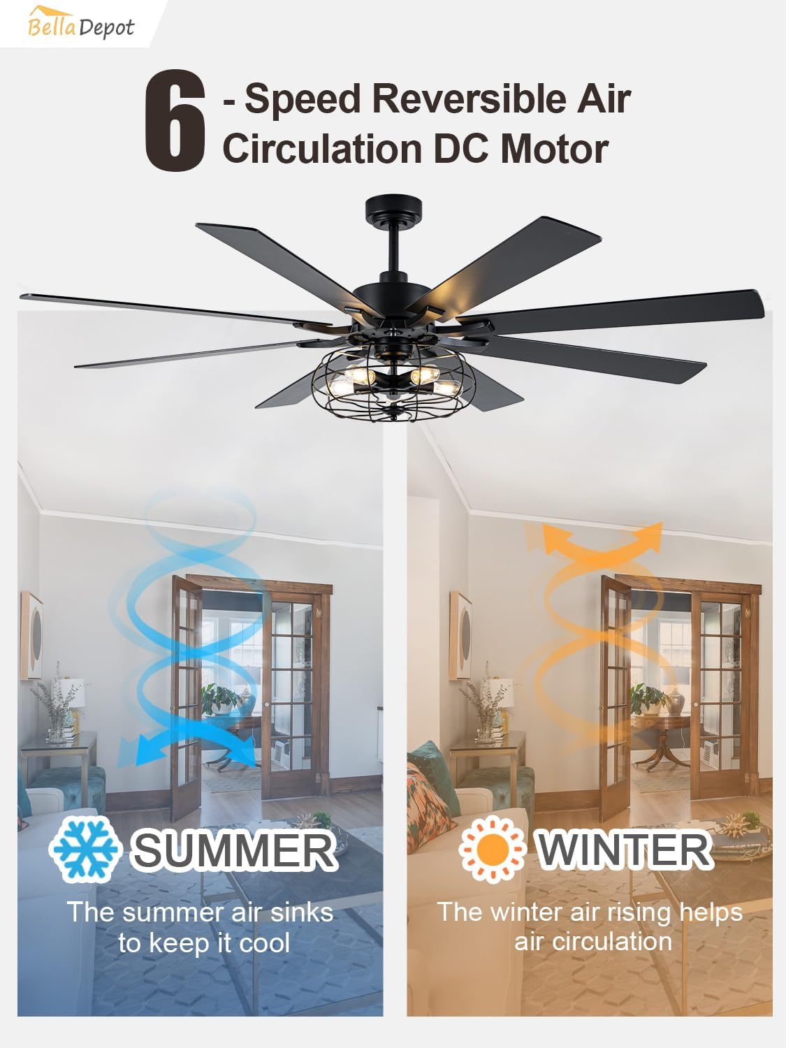 Bella Depot 72 Inch Large Farmhouse Ceiling Fan Industrial Big Chandelier Ceiling Fan with Light, 6-Speed, Reversible, Timing Option - Ideal for Bedroom, Living Room, Covered Patio