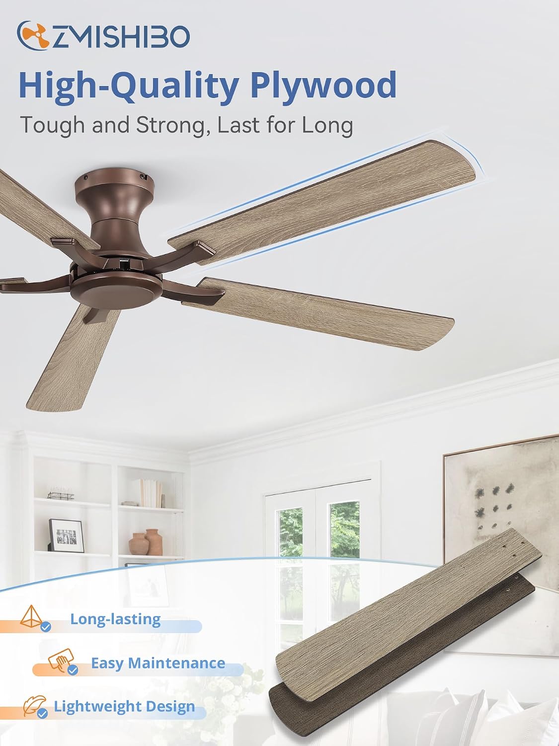 ZMISHIBO 60 Inch Ceiling Fan No Light, Flush Mount Low Profile, Farmhouse Brown Ceiling Fan Without Light, Remote Control & Quiet DC Motor, for Indoor&Outdoor, Bedroom, Living Room