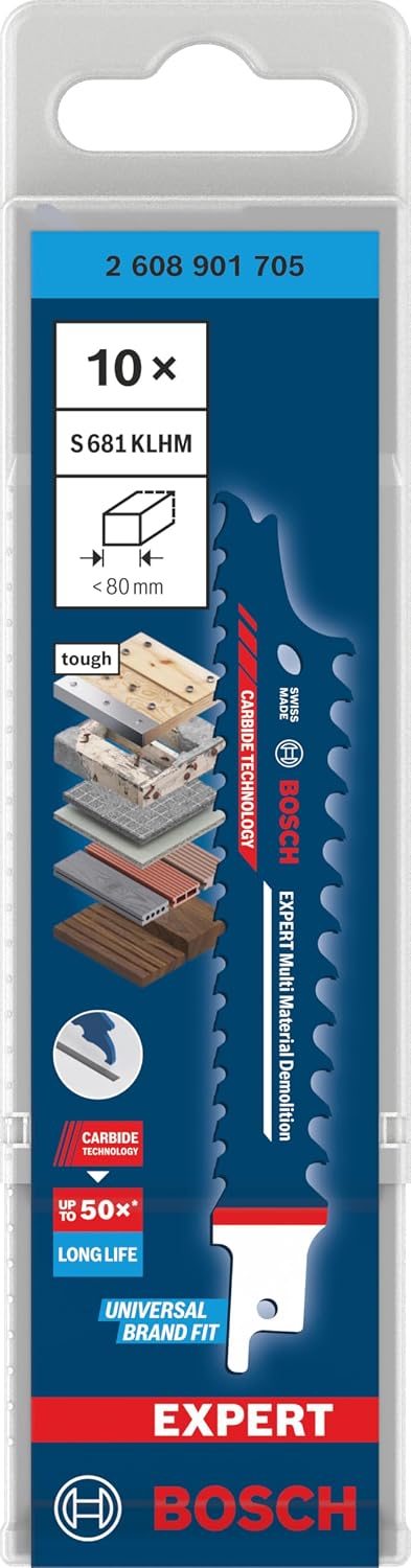 Bosch 10x Expert Multi Material Demolition S681KLHM Blade (for Wood with Metal, Construction Wood with Mortar and Nails, Length 150 mm, Professional Accessory Reciprocating Saw)