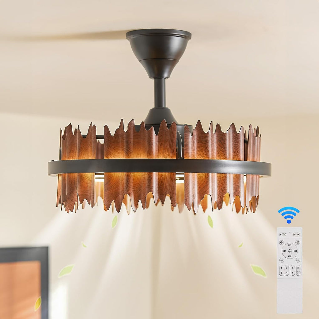 19.7' Rustic Caged Ceiling Fan with Light, Farmhouse Wood Fandelier Ceiling Fan, 6 Speed and Reversible, Dimmable LED Chandelier Fan with Charred Leaves for Bedroom, Kitchen, Living Room
