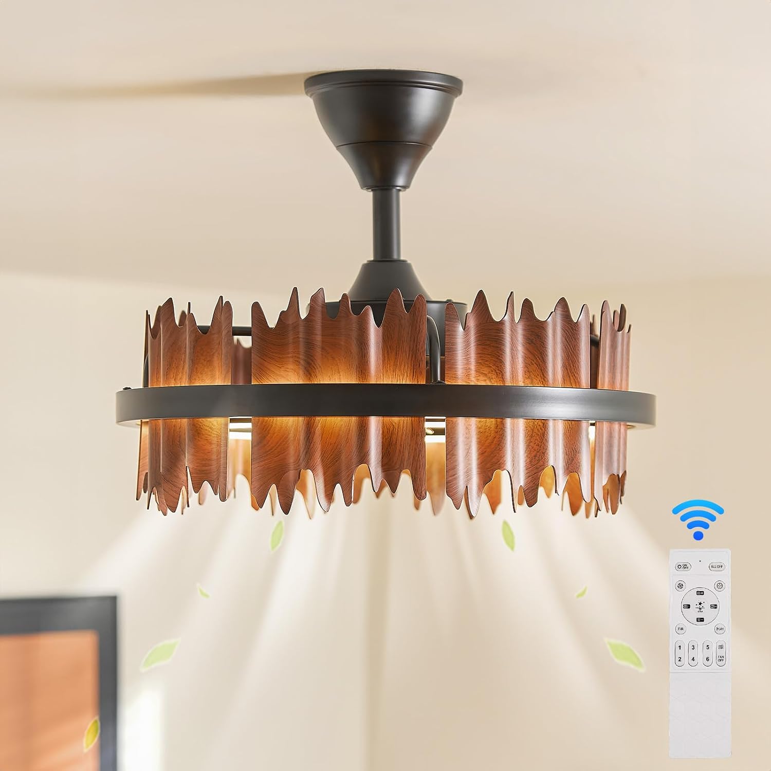 19.7' Rustic Caged Ceiling Fan with Light, Farmhouse Wood Fandelier Ceiling Fan, 6 Speed and Reversible, Dimmable LED Chandelier Fan with Charred Leaves for Bedroom, Kitchen, Living Room