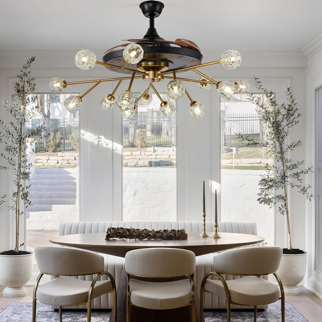42' Modern Retractable Chandelier Ceiling Fan and Remote, Elegant Black 15-Light Fandelier Ceiling Fan with Reversible Blades 6 Speeds Silent Motor for Living Dinning Room